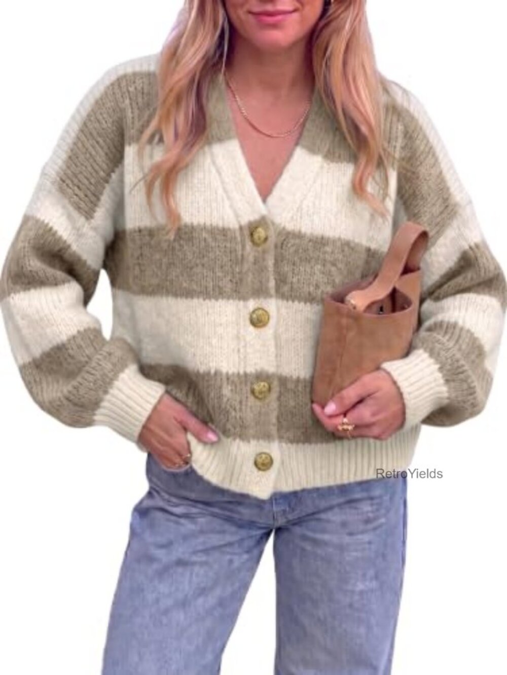 Striped Open Front Cardigan Sweater V-Neck Button Down Knit - Picture 1 of 5